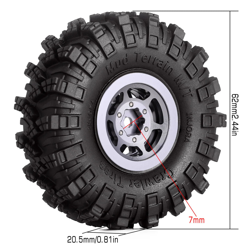 INJORA 1.0 Beadlock Wheel Rims Mud Terrain Tires Set For 1/24 RC Crawler Car Axial SCX24 FMS FCX24 Enduro24 AX24 (W1049-T1007)