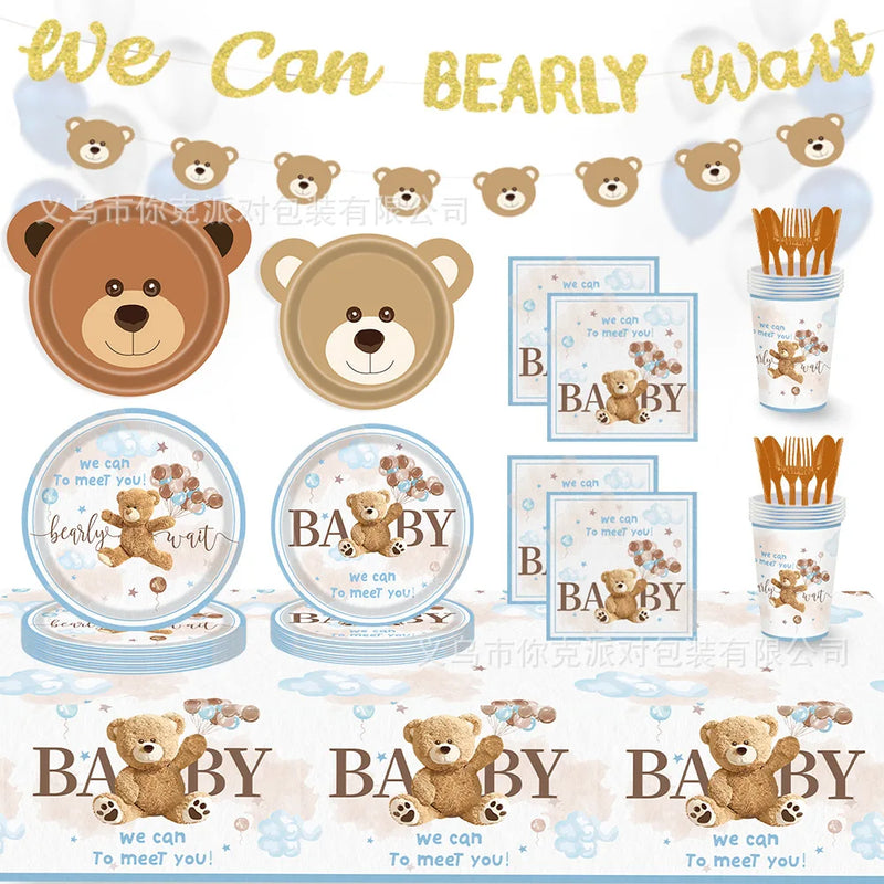 Cartoon Bear Disposable Tableware We Can Bearly Wait Baby Bear Plates Napkin Bear Theme Kids Birthday Party Babyshower Decor