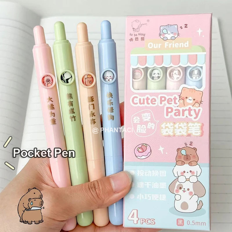 4PCS/Set Cute Animal Pocket Pen Cartoon Gel Pen Quick Drying Gel Ink Pen 0.5MM Black Refill Writing Pen Capybara Neutral Pen New