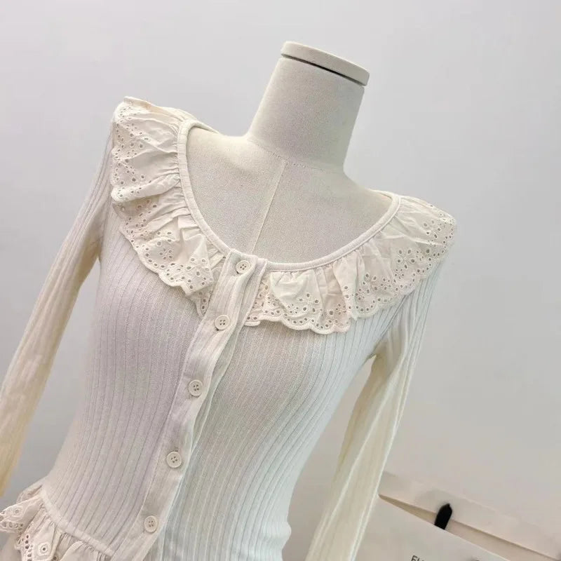 Deeptown Kawail Knitted Cardigan Lace Basic Slim Sweater Korean Fashion Women's Aesthetic Knitwear Spring Japanese Fashion Sweet