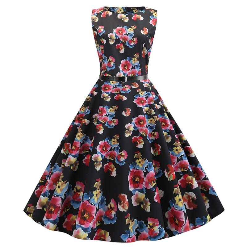 Floral Print Summer Dress Women Vintage Dresses Elegant Retro Party Tank Sleeveless Casual Office Dress