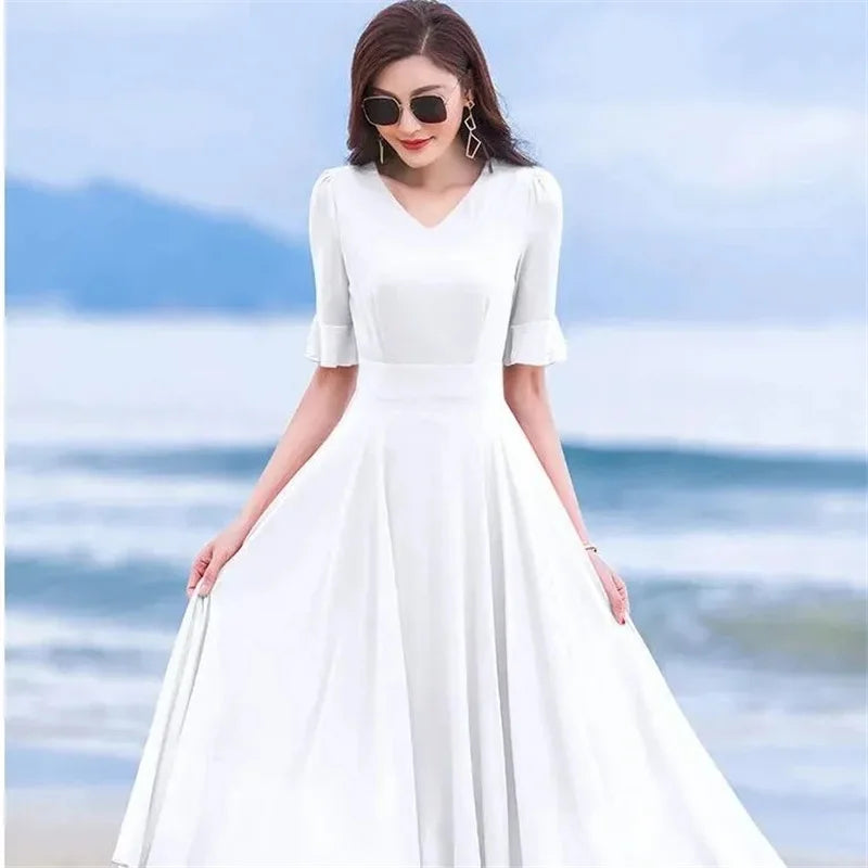 Summer Bohemian Women Long Dress Solid Color Short Sleeve V Neck 5XL Chiffon Sundress Maxi Evening Ladies Party Dress Vestidos