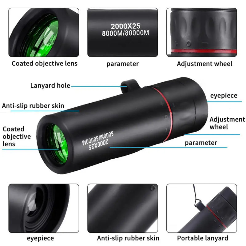 2000x25 HD Monocular Telescope with Smartphone Adapter for Bird Watching Hunting Hiking Camping Wildlife