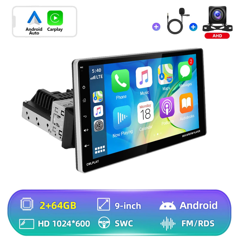 Hikity Universal 9" car Radio 1din Android car Radio Carplay Rotatable Screen Bluetooth FM Radio Receiver Support TF/USB