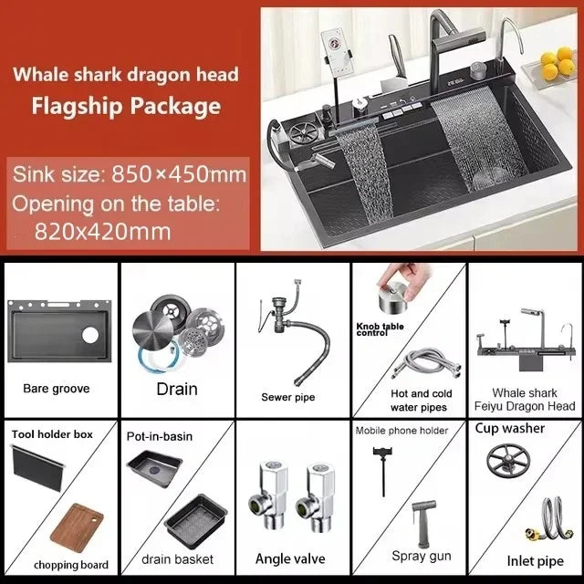 Large Single Slot Kitchen 304 Stainless Steel Waterfall Sink,  Digital Display Embossed Washing Basin Household  washing Sink