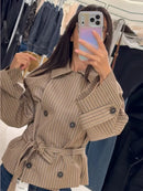 Chic Grid Belt Women's Coat Double Breasted Lapel Lace-Up Long Sleeve Lady Coats 2026 Autumn Fashion Female Vintage Jacket Lady