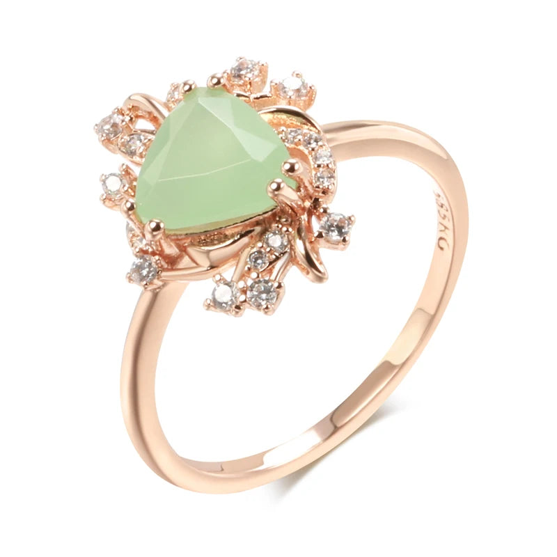 Kinel New Trend Crystal Flower Ring for Women Fashion Green Natural Zircon Accessories 585 Rose Gold Color Fine Daily Jewelry