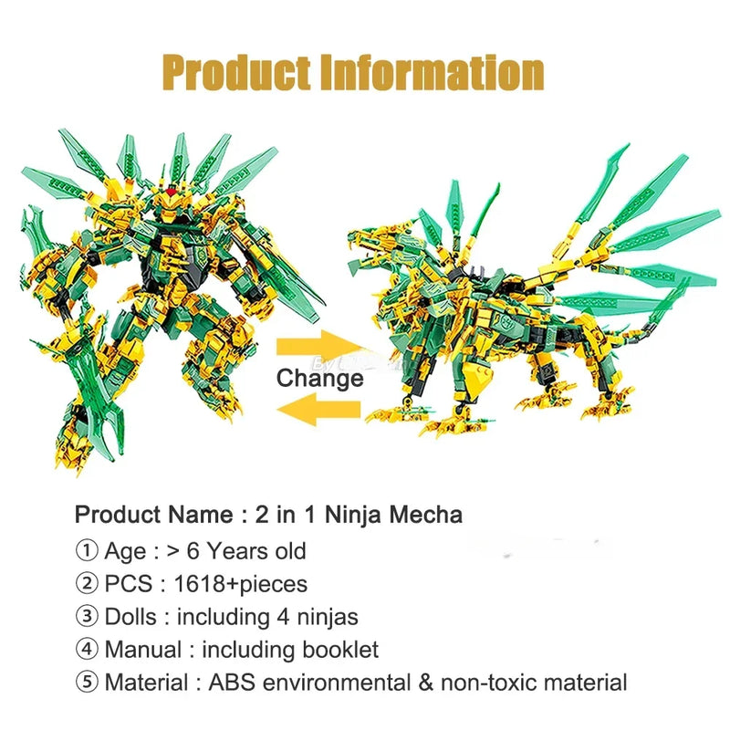 2in1 Ninja Golden Warrior Robot Mech 2 Heads Flying Dragons Set Fighter Figures Building Blocks Toys for Kids Boys Chritmas Gift