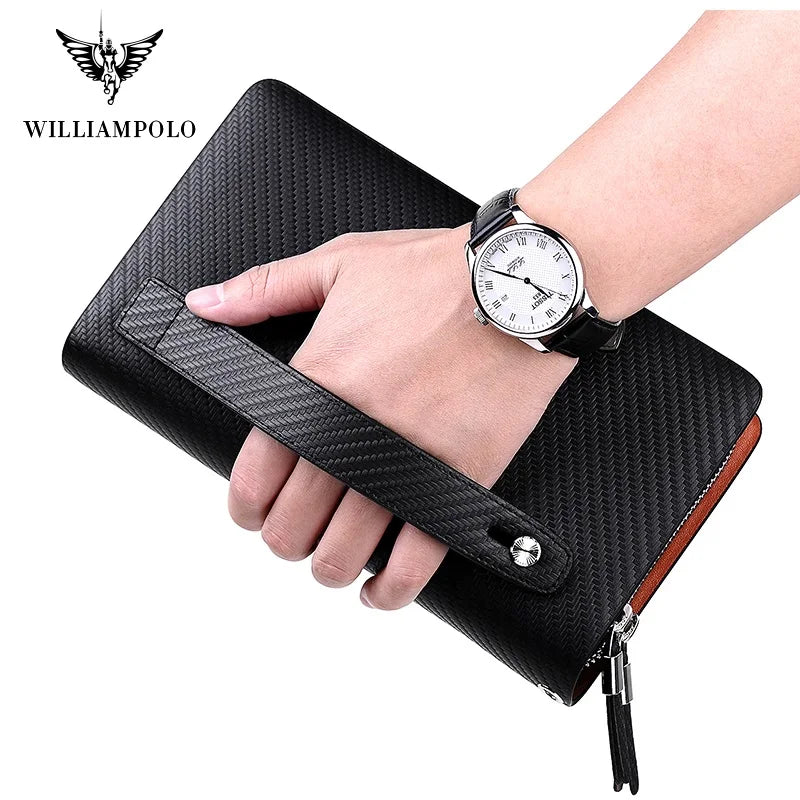 WILLIAMPOLO Men's Wallet Business Large Capacity Clutch Bag Genuine Leather Clutch Wallet Double Zipper Handbag Long Men Wallet