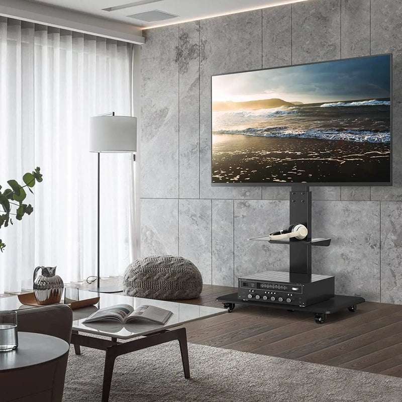 Rolling Floor TV Stand Tilting Height Adjustable for 32-70 Inch Portable TV Trolley Cart