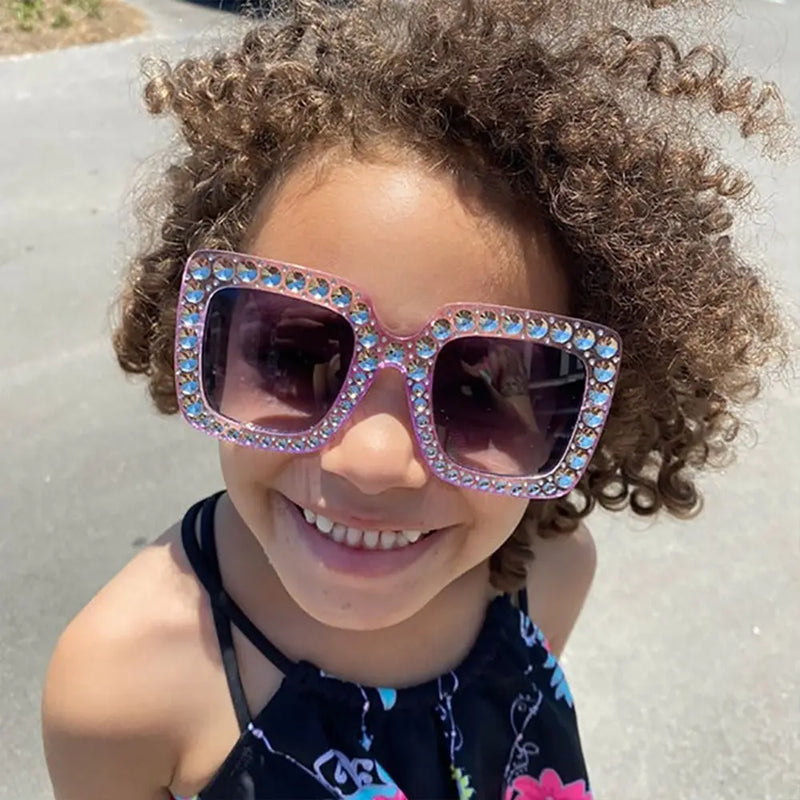 Cute Kids Sunglasses Rhinestone Diamond Children Square Sunshades Girl Boy Colorful Lens Sparkling Princess Sun Glasses Trendy