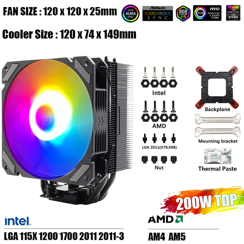 Wovibo 4 Tubo De Calor Cpu  Cooler Fan Ventilador Pwm 4Pin Argb Rgb Intel 115x1200 1700 2011 X79 X99 Amd Am4 Am5 Radiador