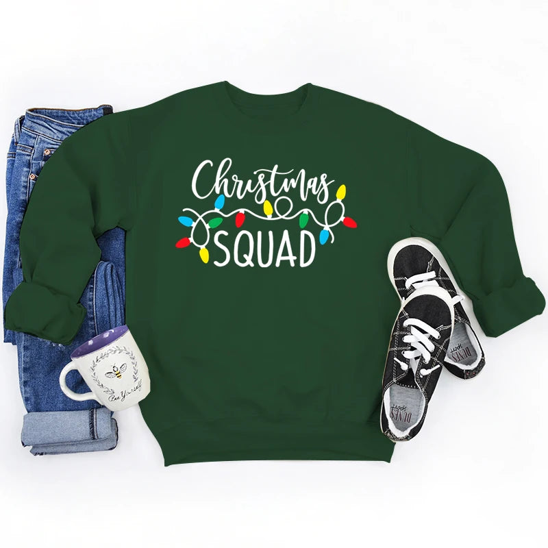 Christmas Lights Christmas Squad Print Crew Neck Sweatshirts Fashion Print Women Christmas Casual Sweatshirts Xmas Gifts