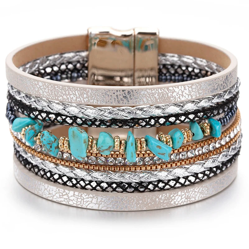 ALLYES Natural Stone Leather Bracelet for Women Charm Retro Multilayer Crystal Snake Skin Wide Bracelets & Bangles Jewelry Gifts