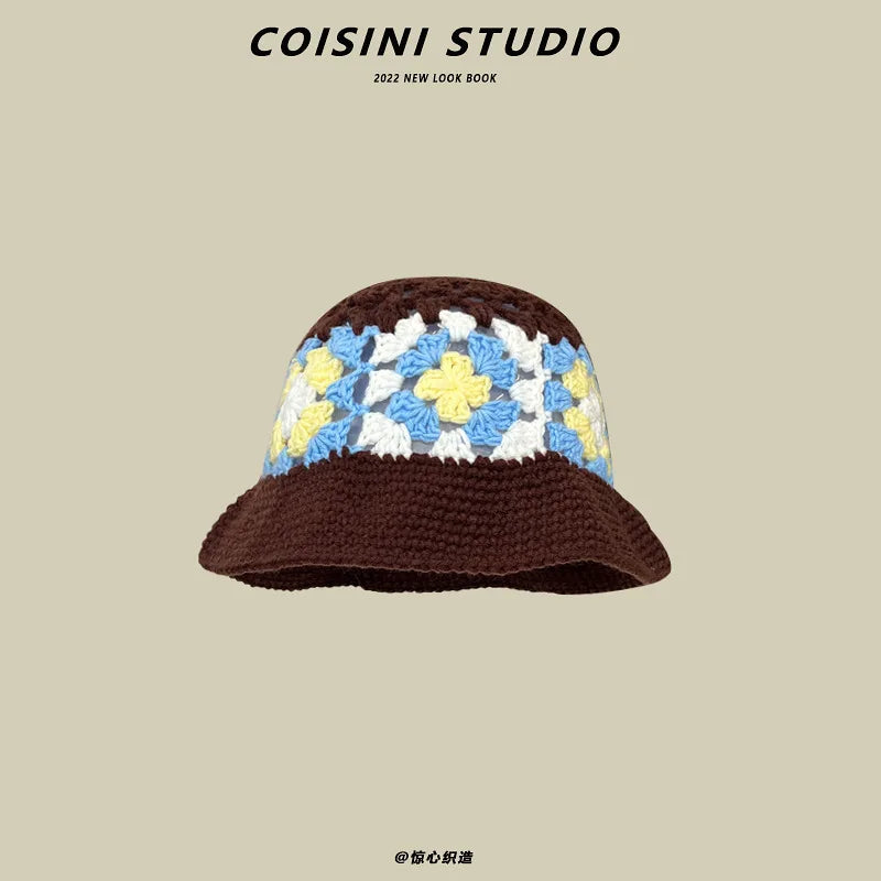 2024 New Korean-Japanese Hand Buckle Crochet Bucket Hat Spring and Autumn Winter Sun Hat Female Cherry Designer Bob Basin Hat