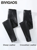 BIVIGAOS Women Spring Autumn Fleece Matte PU Leather Pants Leggings Elastic Slim Skinny Leggings Windproof Warm Sexy Legging