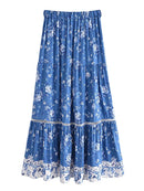 Vintage Chic Women Floral Print Summer Elastic Waist Pleasted Long Boho Skirt Rayon Cotton Bohemian Beach A-line Maxi Skirts