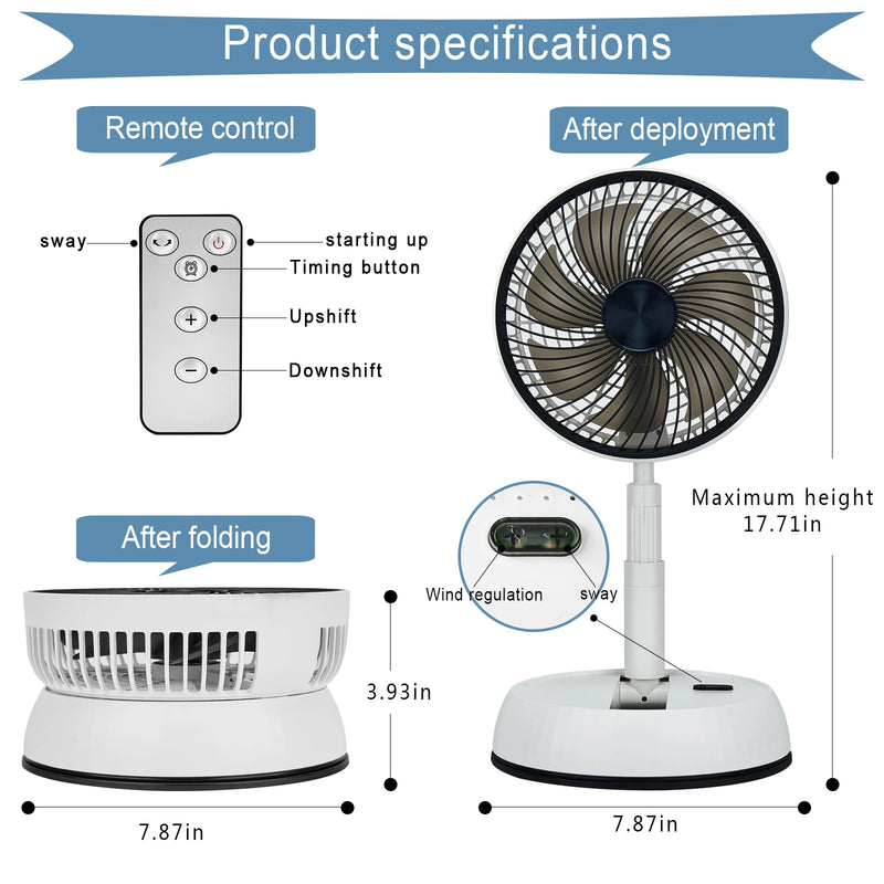 USB 8 inch Remote Control Fan Telescopic Folding Fan USB Charging Super Quiet Adjustable Height and Head Great for Office Home