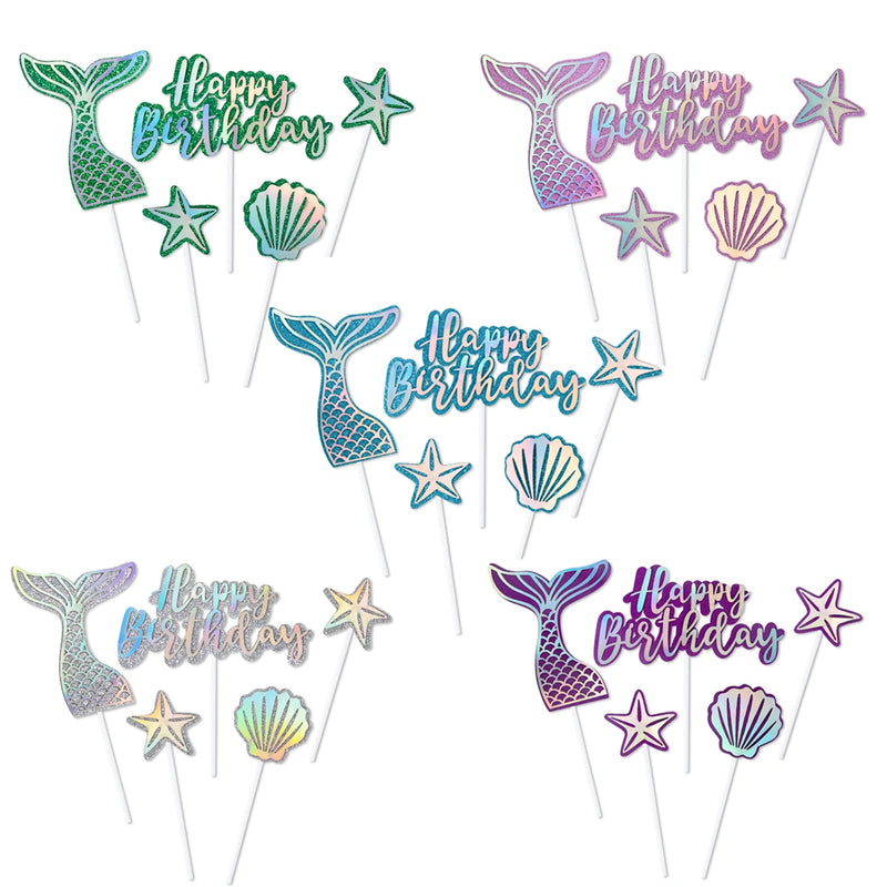 Mermaid Birthday Party Decor Glitter Mermaid Tail Sea Shells Starfish Cake Topper Baby Shower Girls 1st 2th Birthday party decor