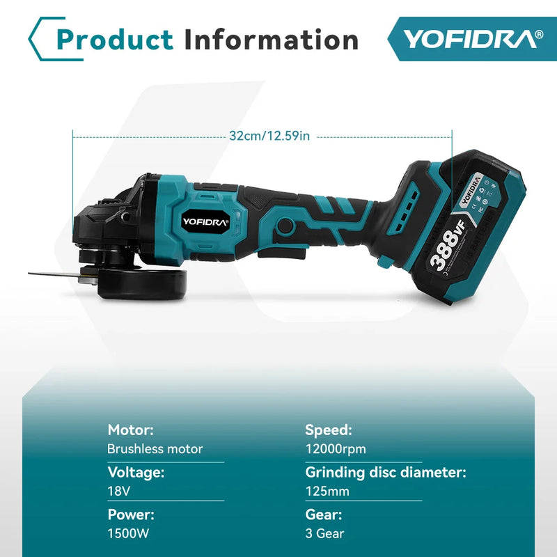 YOFIDRA M14 125mm Brushless Angle Grinder 2000W Cordless Grinding Machine Cutting Home DIY Power Tool For Makita 18V Battery Pin
