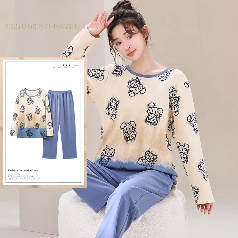 Autumn Nightwear Kawaii Girls PJ Young Women Pajama Sets Pyjamas Femme Cartoon Sleepwear Female Loungewear Pijama Mujer Homewear