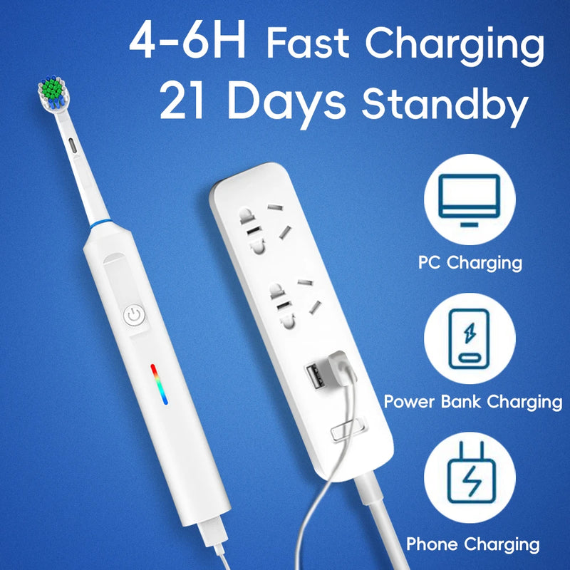 Rotating Electric Toothbrush, 3 Modes USB Fast Rechargeable Rotary Electric Toothbrush with Timer, Travel Case and 2 Brush Heads