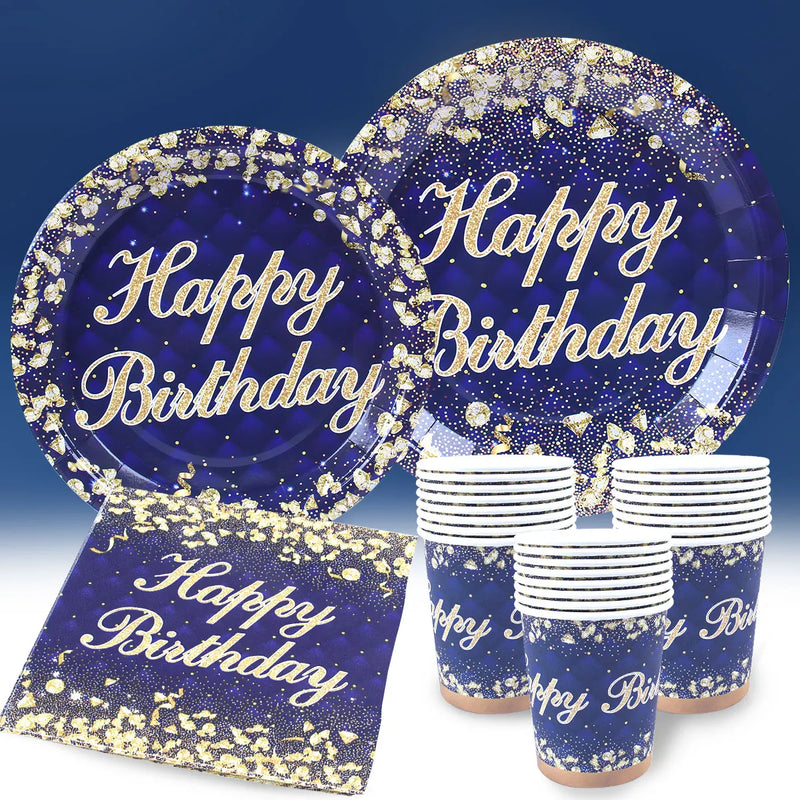 Birthday Theme Party Decorations Tableware Blue Gold Paper Plates Birthday Party Adults Baby Shower Birthday Party Supplies