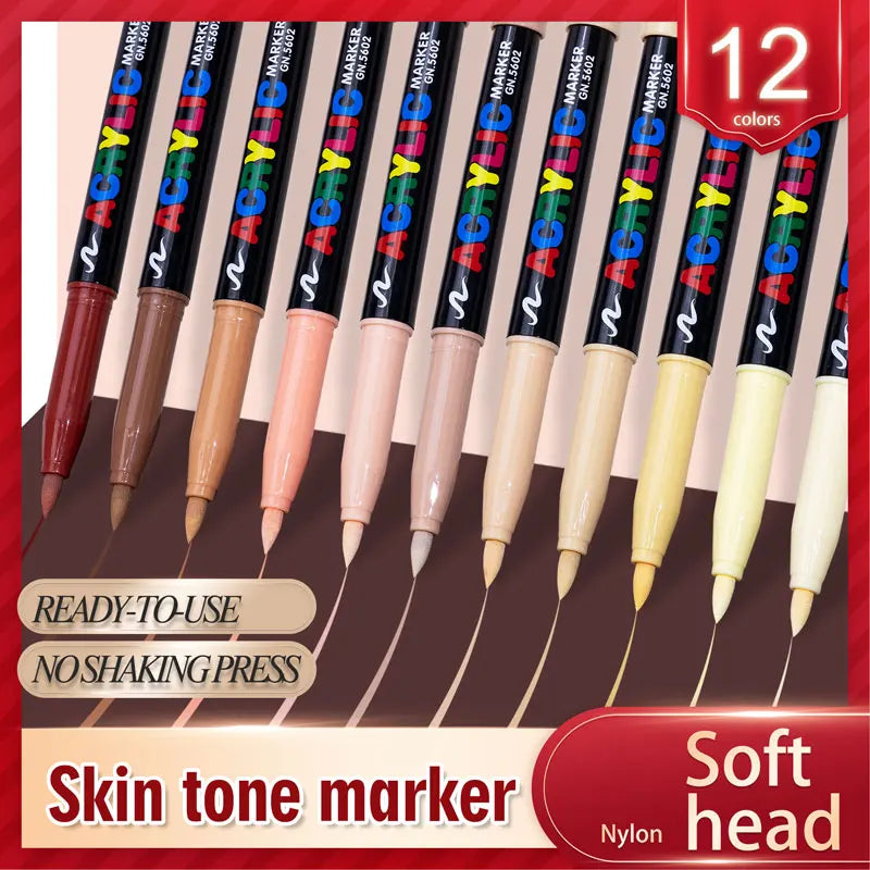 12 Colors Skin Tone Markers Pens,Nylon Soft head Acrylic Markers,Waterproof Pen Soft brush Nib Skin Color Figure Painting