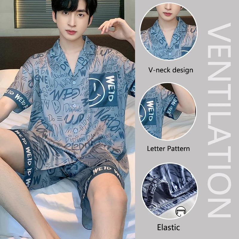 2PCS/Set Plus Size Men Pajamas Short-Sleeved Shorts Casual Buttons Student Teenage Homewear Letters Three-Dimensional Bear Cardi