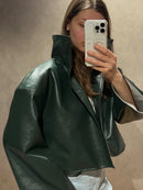 Retro Crocodile Pattern Short Women's Leather Jacket High Collar Zipper Loose Long Sleeve Jackets 2026 Lady Street Daily Wear