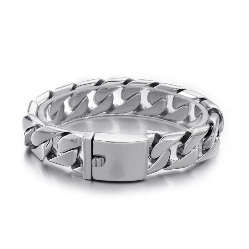 Fongten Cuban Chain Bracelet For Men Shiny Matte Stainless Steel Heavy Male Bracelets Bangle Silver Color Curb Jewelry