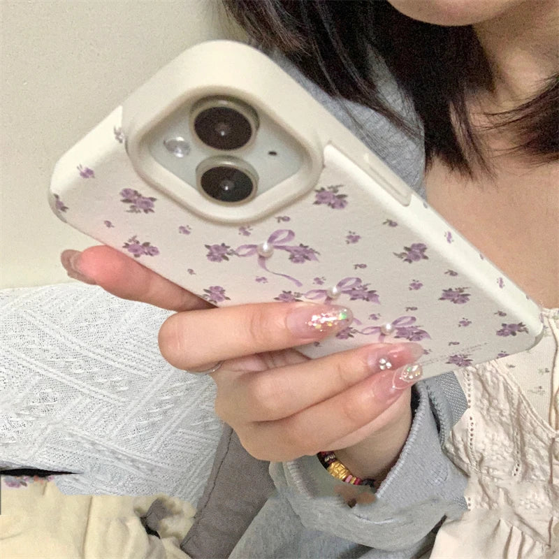 INS Korean Cute Floral Bowknot Pearl Phone Case For iPhone 15 14 13 12 11 Pro Max Leather Cases Shockproof Back Cover Girl Gift