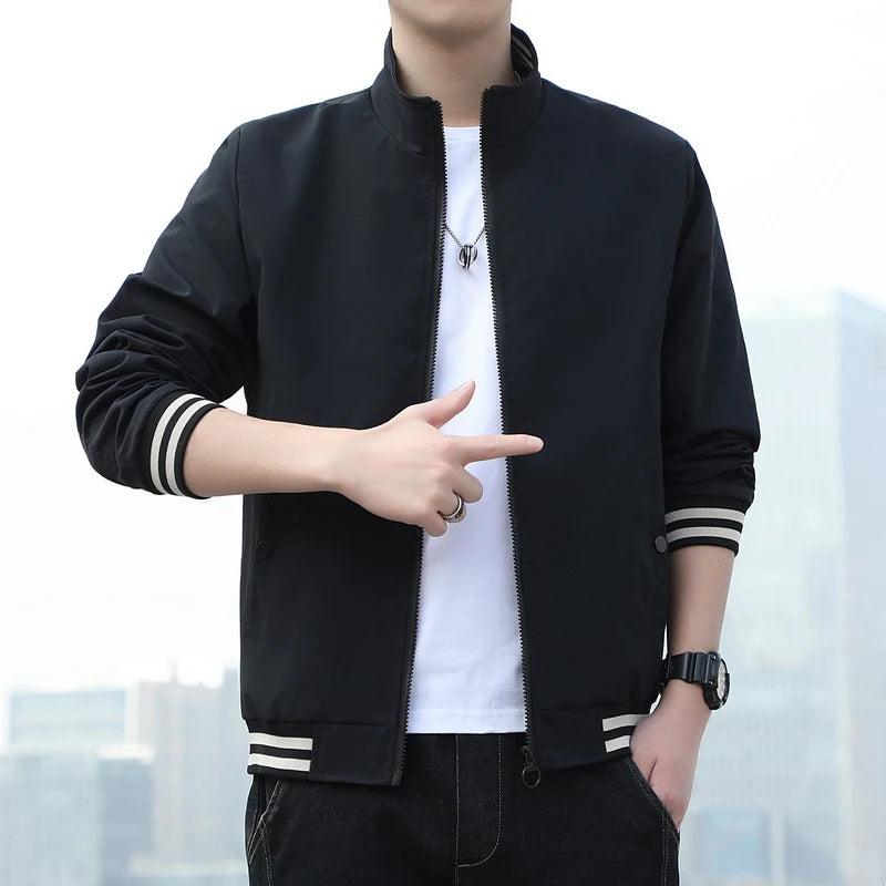 2024 New Coat Men's Trendy Slim Fit Top Spring and Autumn Leisure Standing Collar Youth Striped Jacket