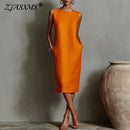Elegant Minimalist Women Midi Dress Bohemian Sleeveless Crew Neck Straight Dress Side Pocket Solid Resort Wear Office Lady Dress