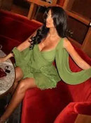 Sexy Chiffon Green Ruffles Split Dress V-neck Long Sleeve A Line Mini Dress 2025 Fashion Female Holiday Beach Vacation Vestidos
