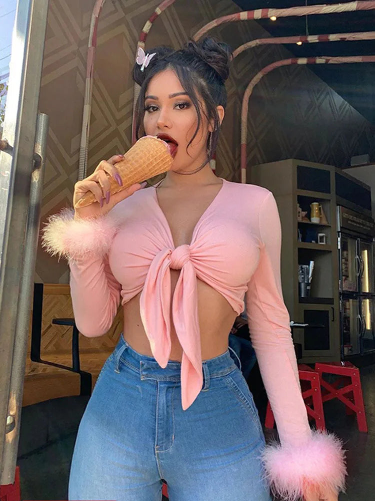 2025 long sleeve fur V-neck wrapped bandage sexy crop tops autumn winter women streetwear club party outfits T-shirts