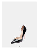 New red toe exposed seam, side empty shallow mouth, sexy professional black patent leather pointed heel high-heeled shoes 33-46