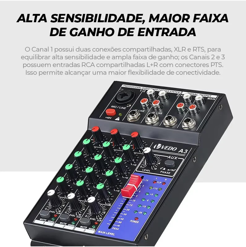 VEDO 3-Channel Professional Portable Sound Mixer Console Computer Input 48v Power Model Number Certification Origin Mixing A3
