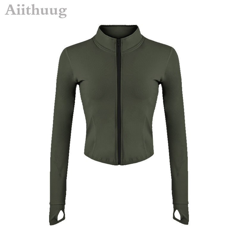 Aiithuug Women Full Zip-up Yoga Top Workout Running Jackets with Thumb Holes Stretchy Fitted Long Sleeve Crop Tops Activewear