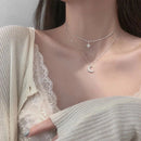 SUMENG 2024 Einfache doppellagige Stern Mond Charm Mehrschichtige Halskette Zarte Schlüsselbeinkette Zirkonia für Damen Mode Schmuck
