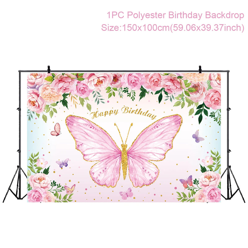 Pink Butterfly Birthday Party Backdrops Wedding Decorations Photo Booth Background Baby Shower Girl Hanging Flag Backdrop Props