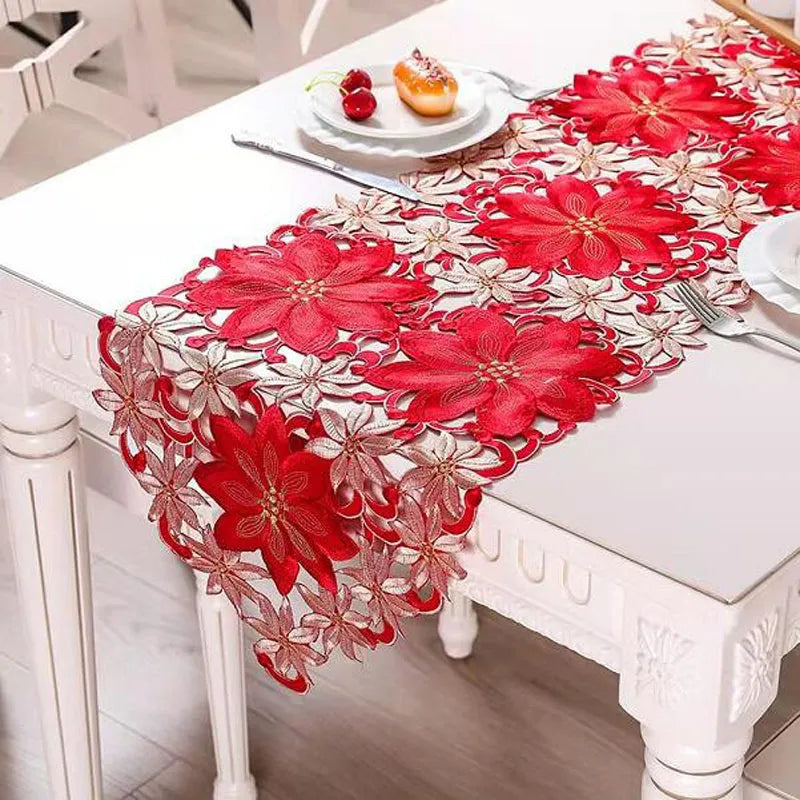 Popular satin Embroidery Christmas Poinsettia flower bed Table Runner flag cover coffee tablecloth party New year home decor