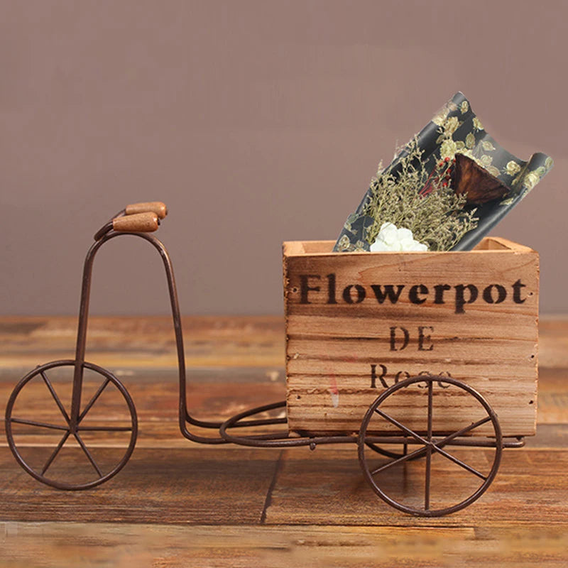 Iron Art Bicycle Flower Rack Vintage Wooden Tricycle Flowerpot Succulent Plant Decoration Desktop Sundries Storage Box Ornaments