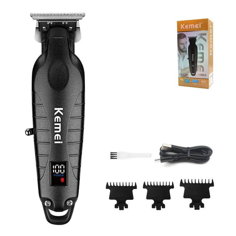Kemei KM-2293 DLC T-Blade Professional Finishing Machine Zero Gapped Clipper USB LED Display Full Metal Hair Trimmer Machine