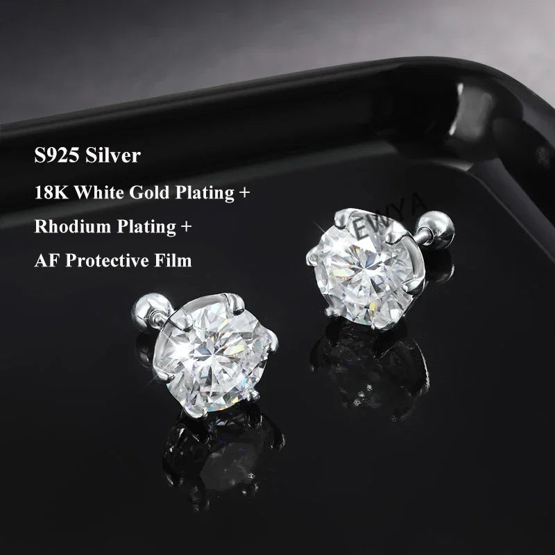 EWYA 925 Sterling Silver 0.2-2ct D VVS1 6 Prong Diamond with GRA Moissanite Screw Stud Earrings For Women Wedding Fine Jewelry