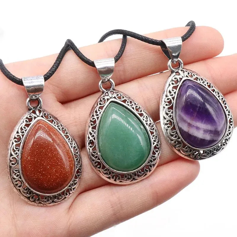 2pcs/Set 39x27mm Natural Stone Crystal Water Drops Pendant Alloy Electroplate Tiger Eye Amethyst Quartz Abalone Bebey Necklace