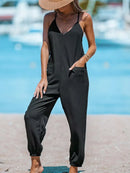 Women's Suspender Jumpsuit, Summer Casual Trousers with Pockets, Fashionable Suspender Pants, Suitable for Everyday Wear