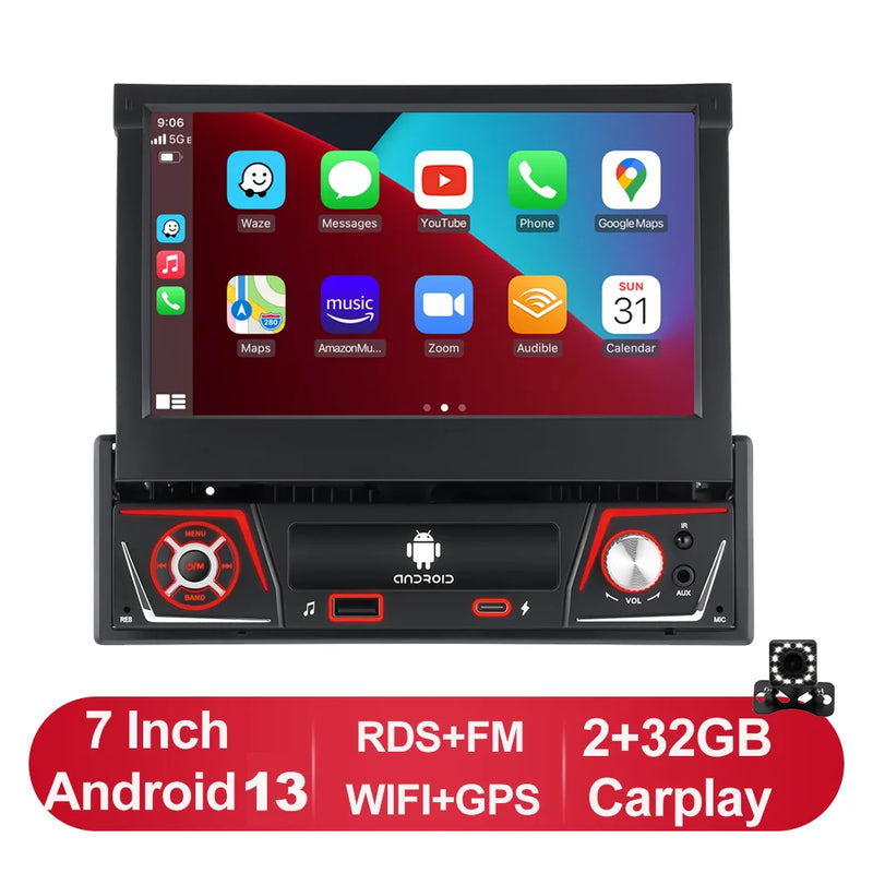1 din Car Radio Android Carplay Auto Universal 7" IPS Retractable Screen gps Navigation 1 Din Android 13 Multimedia Video Player