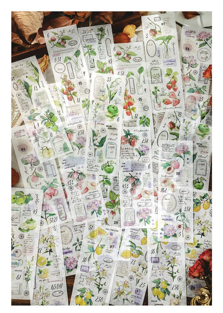 6 Sheets/pack Washi Paper Sticker Orchard Letter Series Apple Peach Lemon Strawberry Hand Ledger Decorative Material