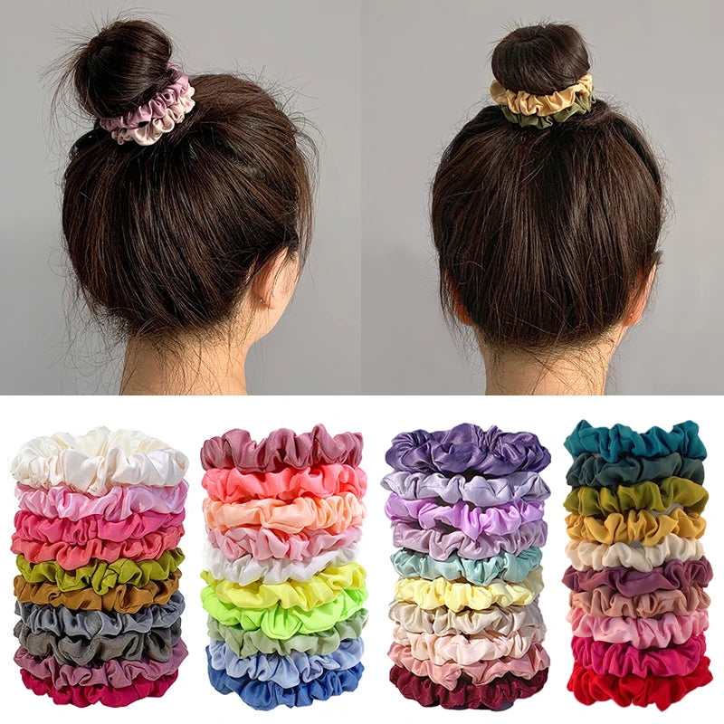 Small Hair Rope Set Ponytail Holder Rubber Bands Silky Satin Scrunchies Solid Color Elastic Hair Bands Clothing Accessories